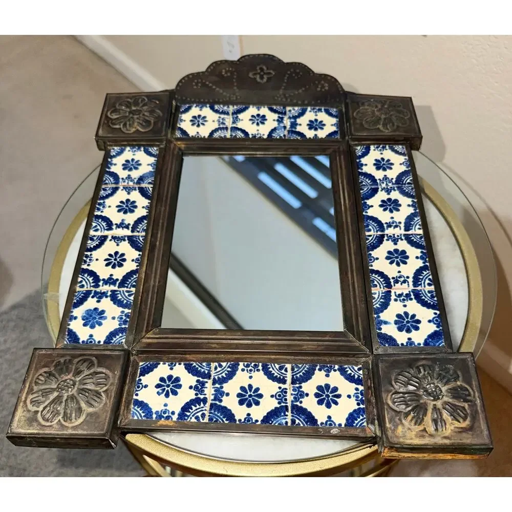 Vintage Mexican Talavera Tile Tin Wall Mirror Blue White Folk Art 20 x 12